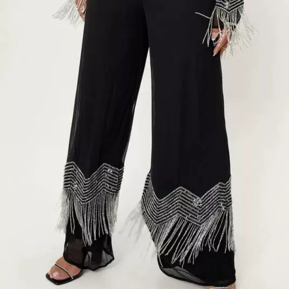NWT NASTY GAL Black Chevron Beaded Sequined Embellished Pants Trousers‎